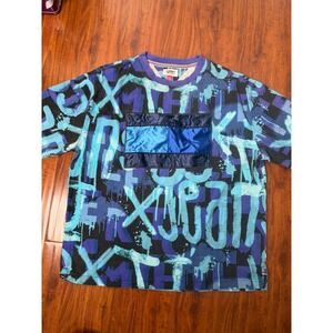 Vintage Tommy Jeans Allover Graffiti Print T-Shirt Crew Neck Blue Purple Mens XL